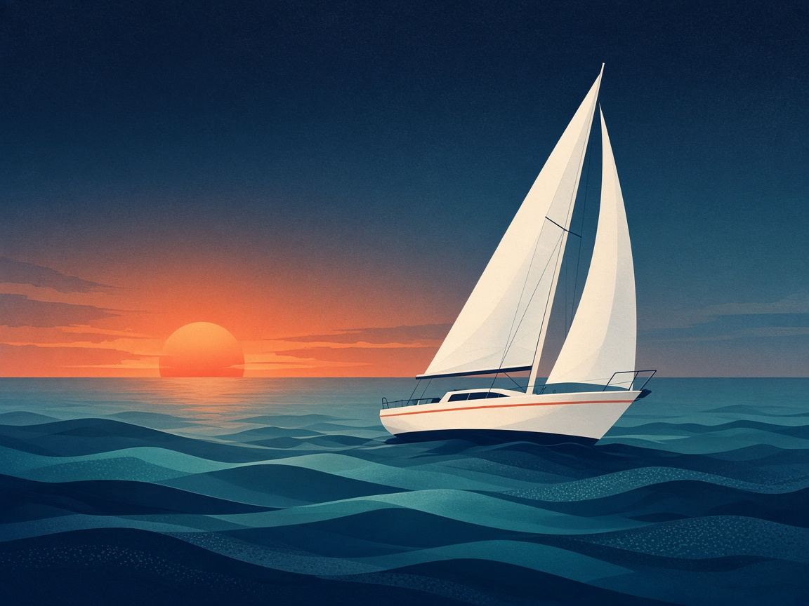 Sailboat under full sail at sunset